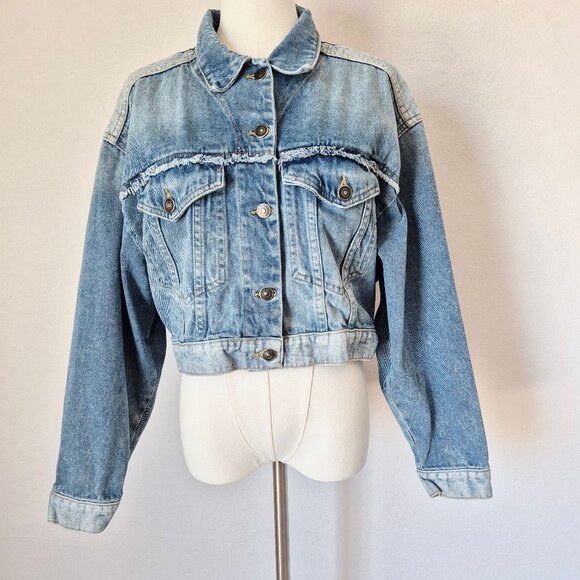 Free People Bedford Cropped Denim Jacket Distressed Medium Wash Cotton - Picture 3 of 16